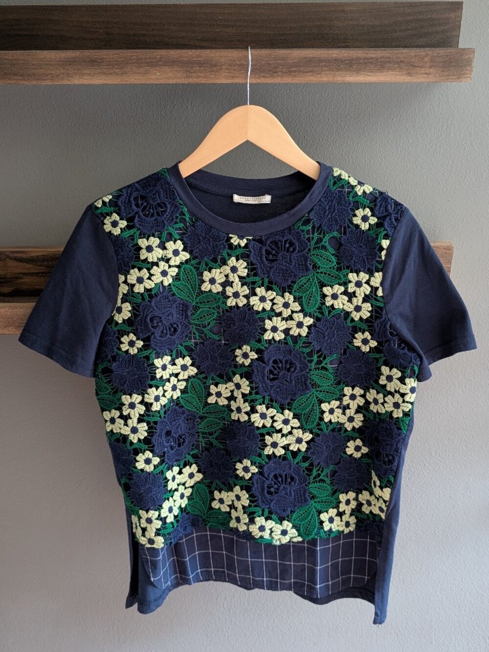 Zara Trafaluc Navy Blue Floral Crochet Lace Mixed Media Top Small Cottagecore